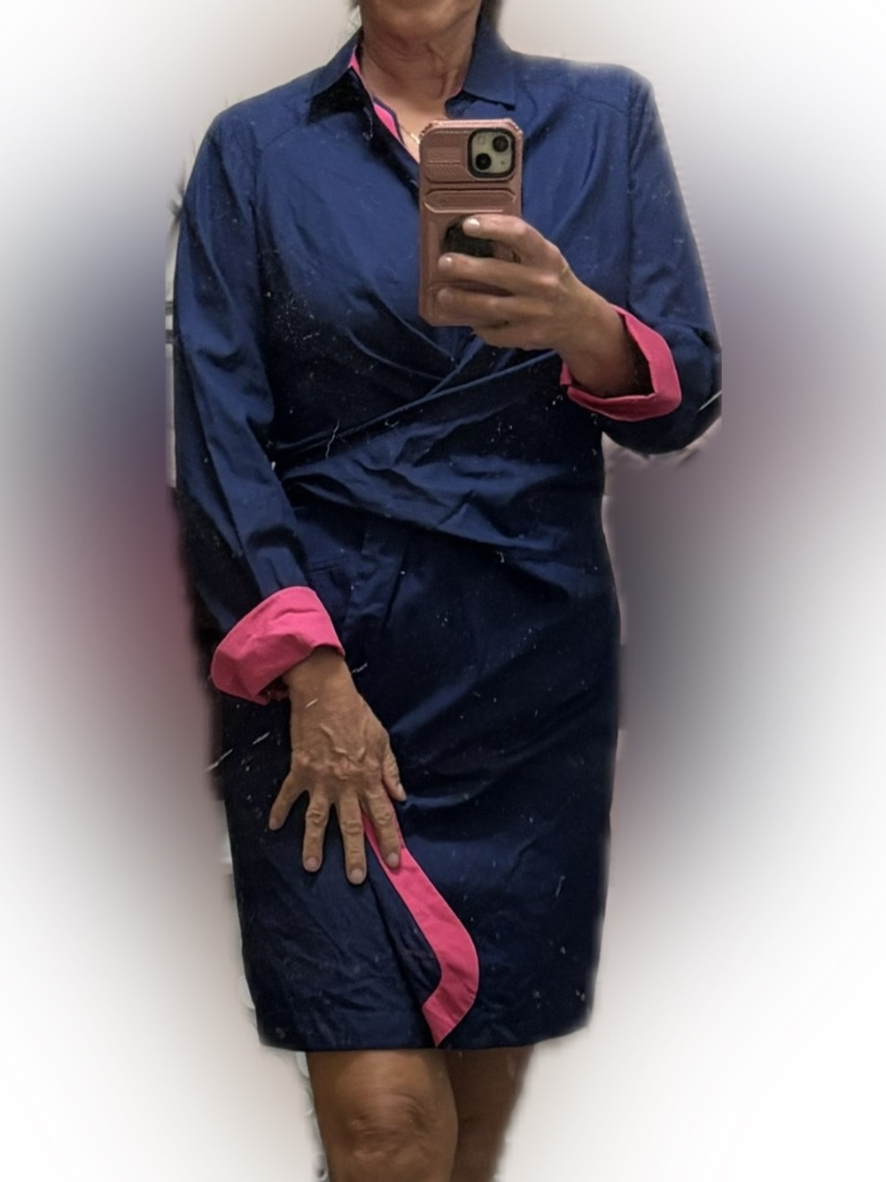 Dovima Paris Navy wrap dress with fuschia Pink Trim